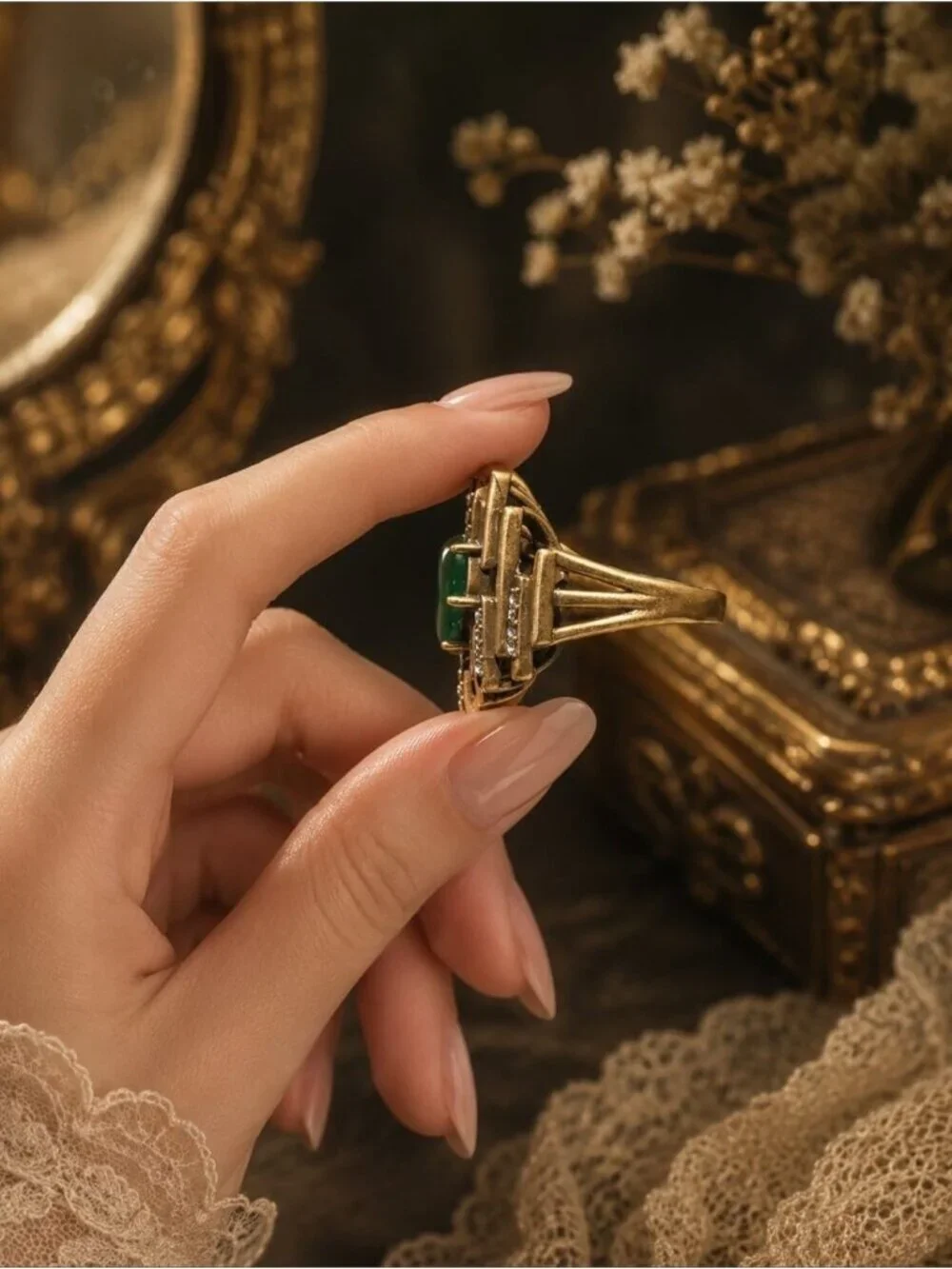 Vintage Gold-Tone Green Stone Statement Ring by